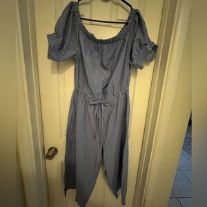 Hint of Blush 1X Blue/White Striped Short Sleeve Off Shoulder Romper Jumpsuit